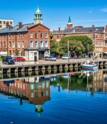 Waterside reflection of historic buildings with boat.